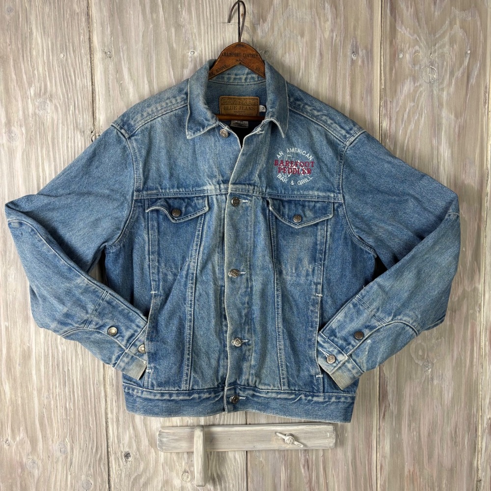 Calvin Klein Blue Jeans Denim Trucker Jacket Embroidered Mens M Barefoot Peddler